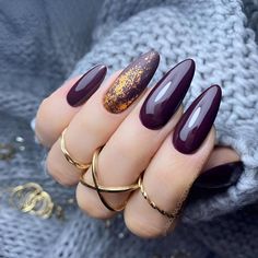 30 Dark Moody Vamp Nail Ideas Perfect For Fall Late Fall Nail Designs, Fall Almond Acrylic Nails, Almond Shaped Nails Designs Fall, Autumn Nails Almond Shape, Purple Almond Nails Design, Purple Autumn Nails, Almond Nails Fall Colors, Brown Gold Nails, Almond Nails Autumn