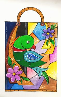 a painting of a bird sitting on top of a bag with flowers in the background