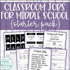 classroom jobs for middle school starter pack with the text, help wanted in purple and black