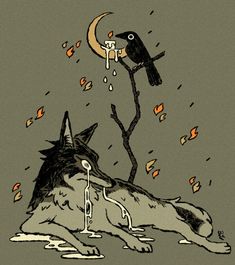 a wolf laying down next to a bird on top of a tree with fire coming out of it