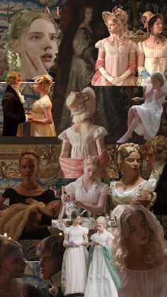 the collage shows many different people dressed in period costumes, including women and children