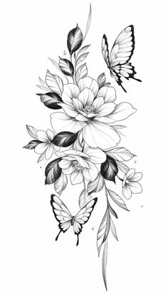 a black and white drawing of flowers with butterflies