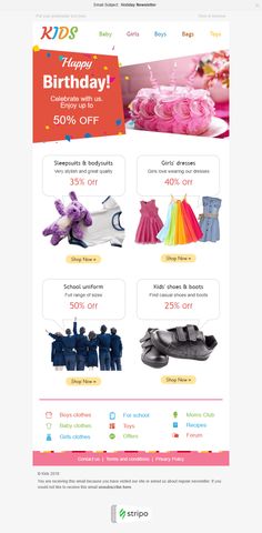 Free Happy Birthday Email Template Special Discounts for Children industry Happy Birthday Email, Kids Email, Birthday Email, Holiday Emails, School Uniform Kids, Childrens Tv, Email Template Design, Holiday Campaign, Email Template