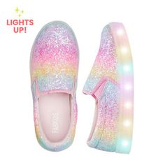 Brighten their everyday with this light-up sneaker. The rainbow glitter doesn't rub off so you don't have to worry about a mess. Super light and comfy, they're also easy to slip on and off. Glitter Clothes, Pink Lights, Light Up Sneakers, Girls Shoes Sneakers, Rainbow Shoes, Lit Shoes, Perfect Denim, Kawaii Fashion Outfits, Rainbow Glitter