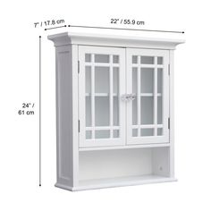 a white cabinet with glass doors and measurements