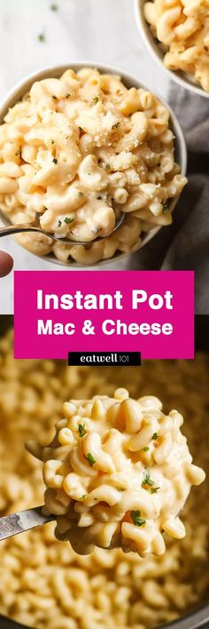 macaroni and cheese is being spooned into a bowl with the text instant pot mac & cheese