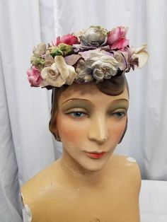 "Vintage 1950s Joan Howard Original Designer Pink Floral Hat Headpiece Spring Derby Pillbox Cap w Purple Ribbon Inside circumference is 19\" Height of hat is 2\" Width 7 1/2\"" Vintage Adjustable Headpiece For Garden Party, Vintage Costume Hats For Garden Party, Vintage Adjustable Costume Hats And Headpieces For Events, Vintage Pinched Crown Hat For Kentucky Derby, Vintage Hat For Kentucky Derby, Adjustable Vintage Costume Hats For Vintage Events, Vintage Costume Hats And Headpieces For Garden Party, Adjustable Vintage Fascinator For Events, Vintage Headpieces For Kentucky Derby And Church