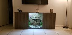 a fish tank sitting on top of a wooden cabinet in front of a flat screen tv