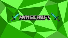 the word minecraft on a green background with an image of two swords in front of it