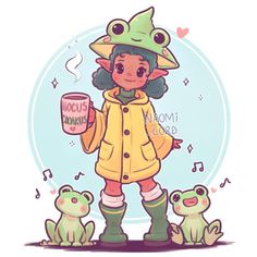 a cartoon character holding a coffee cup next to two little frogs and a frog sitting on the ground