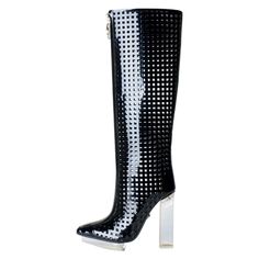 VERSACE High heel caged patent leather boots with plexi heel/platform detailing. Silver-tone Medusa hardware. Content: 100% Patent Leather Sole: 100% leather Heel high 5 1/8" platform 3/4" Sizes: 35, 36, 38, 39, 40 Made in Italy Brand new. Versace Boots, Hermes Kelly Bag, Slim Aarons, Patent Leather Boots, Shopping Photography, Peep Toe Sandals, Dark Brown Leather, Gold Jewelry Fashion, Hermes Birkin