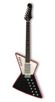 an electric guitar is shown with red and black trimmings on the top, and bottom