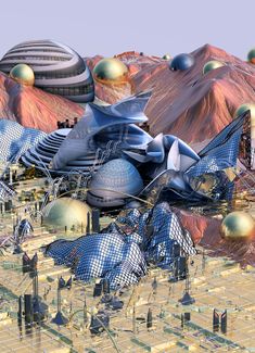 an artist's rendering of a futuristic city surrounded by mountains and hills, with lots of blue objects in the foreground