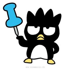 a cartoon penguin holding a blue letter i with an angry look on it's face