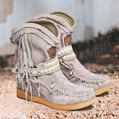 Category:Boots; Upper Materials:Faux Suede; Embellishment:Tassel; Season:Winter,Fall; Heel Type:Flat Heel; Gender:Women's; Type:Mid Calf Boots; Style:Fashion,Casual,Vintage; Heel Height(inch):<1; Outsole Materials:Rubber; Occasion:Outdoor,Work,Daily,Party; Closure Type:Loafer; Pattern:Solid Color; Listing Date:10/11/2023; 2023 Trends:Plus Size,Suede Shoes Womens Suede Boots, Short Ankle Boots, Moccasins Style, Boots Cowboy, Boot Straps, Ankle Boots Flat, Cowboy Boots Women, Casual Heels, Cowboy Western