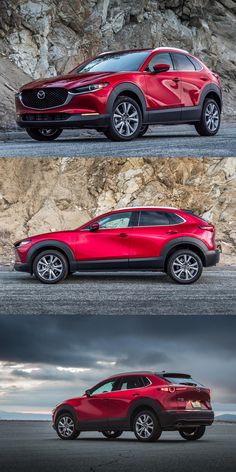 the side and back view of a red mazda cx - 3 parked in front of some rocks