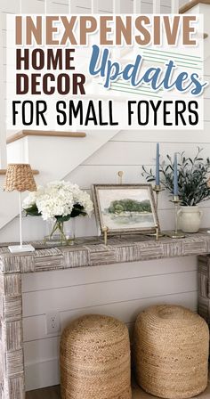 an entry table with two stools and some pictures on it