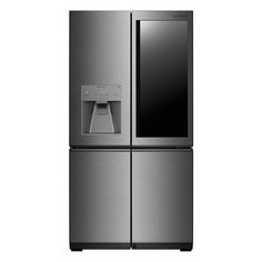 a silver refrigerator freezer sitting next to an ice dispenser on a white background