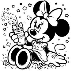 minnie mouse holding a bottle and sitting on the ground with stars around her, black and white