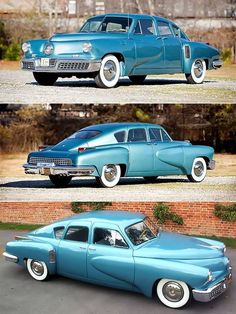 three different pictures of an old blue car