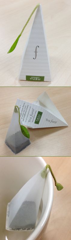 three pictures showing the steps to make an origami tea bag with leaves on it