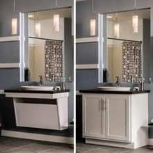 two pictures of the same bathroom sink and mirror