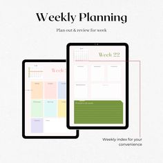 the weekly planner is displayed on an ipad and tablet