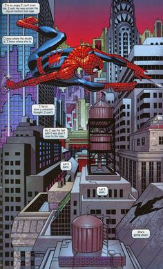 the amazing spider - man is flying through the city in his comic book, which was written