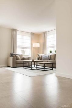 a living room with two couches and a coffee table in it's center