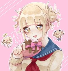 an anime character with blonde hair holding a donut