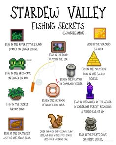 the stardew valley fishing secrets poster is shown in black and white with an image of