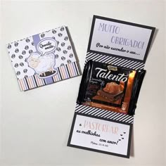 three different types of chocolates are displayed on a white surface with black and blue stripes