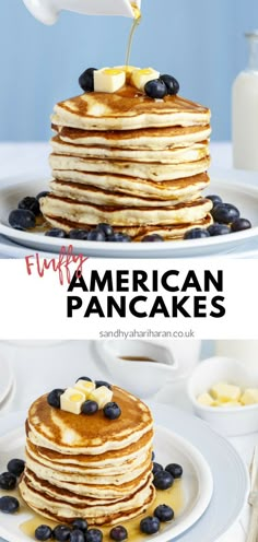 pancakes with blueberries and butter being drizzled on top are shown in this image