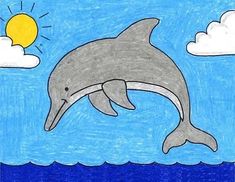 a drawing of a dolphin jumping out of the water with clouds and sun in the background