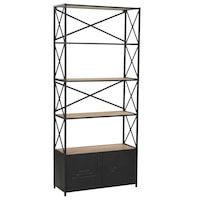 a black bookcase with three shelves and two drawers