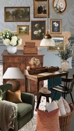 a living room filled with furniture and pictures on the wall