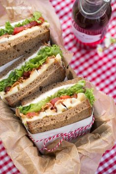 three sandwiches sitting on top of a red and white checkered table cloth