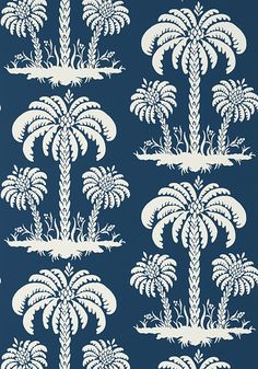 palm trees are shown in white on a blue background