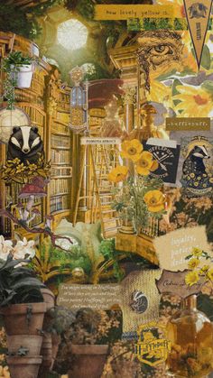 a collage of flowers, plants and books on a wall with words written below