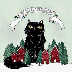 a black cat sitting in the snow with a banner above it that says live your cat's journey