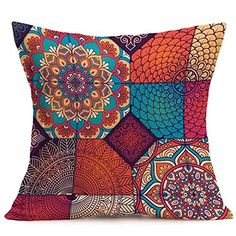 a colorful pillow with many different designs on the front and back sides, all in various colors