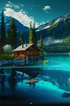 a cabin on the shore of a lake with mountains in the background and blue water