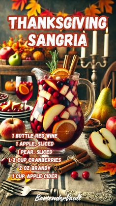 thanksgiving sangria with apples, oranges and cranberries in a glass pitcher