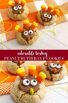 cookies decorated to look like turkeys with candy eyes