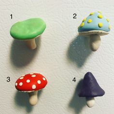 four different types of mushrooms on a white surface with numbers in the bottom right corner