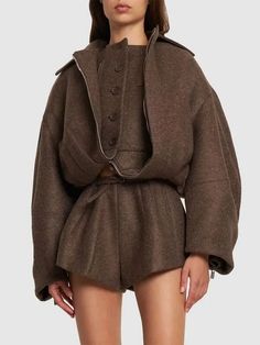 Buy Jacquemus Le Manteau Feltro Raglan Crop Jacket - Dark Brown At 35% Off | Editorialist Luxury Khaki Outerwear With Concealed Placket, Luxury Neutral Outerwear With Hidden Button Closure, Vest Fashion, Padded Jacket, Crop Jacket, Milan Fashion, Fall Trends, Cute Fashion, Jacket Outfits