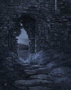 an old stone building with a door leading into the dark woods at night, lit by a full moon