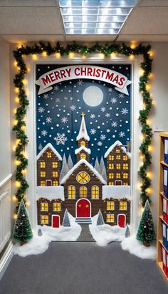 a decorated christmas door with lights and decorations on the front, in an office building