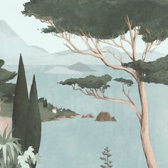 a painting of trees and water with mountains in the background