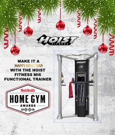 an advertisement for the home gym with christmas decorations and balls hanging from the tree branch